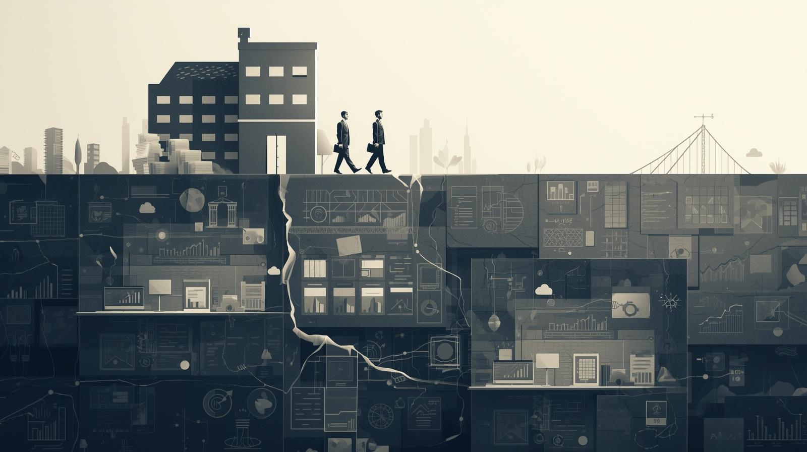 Two businessmen walk across a cracked surface above a complex data visualization.